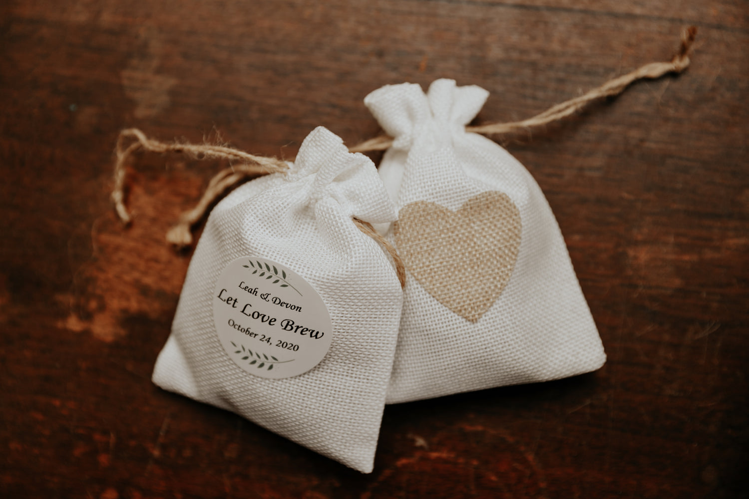 Place Holder for Coffee Bean Favours - (Burlap Bags + Custom Sticker)
