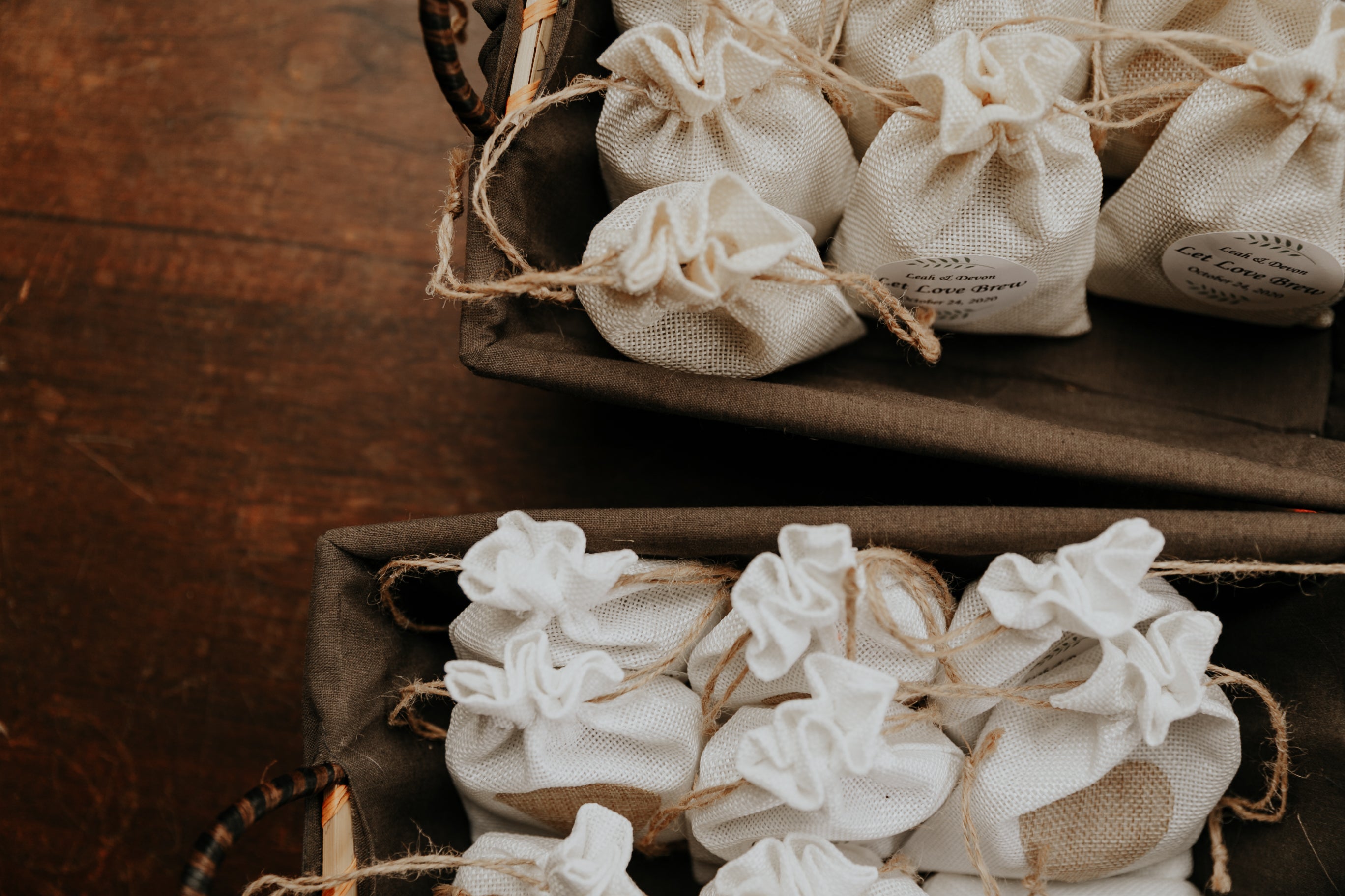 Place Holder for Coffee Bean Favours - (Burlap Bags + Custom Sticker)